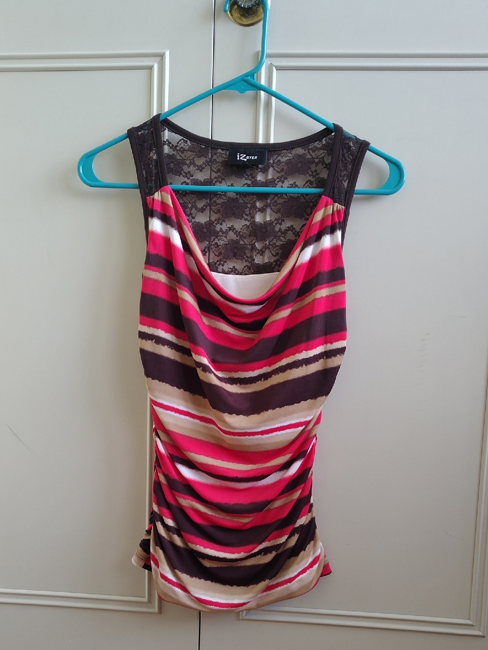 Iz Byer Striped Cowl Tank with Lace Back in Orange, Brown, Tan, & Cream
